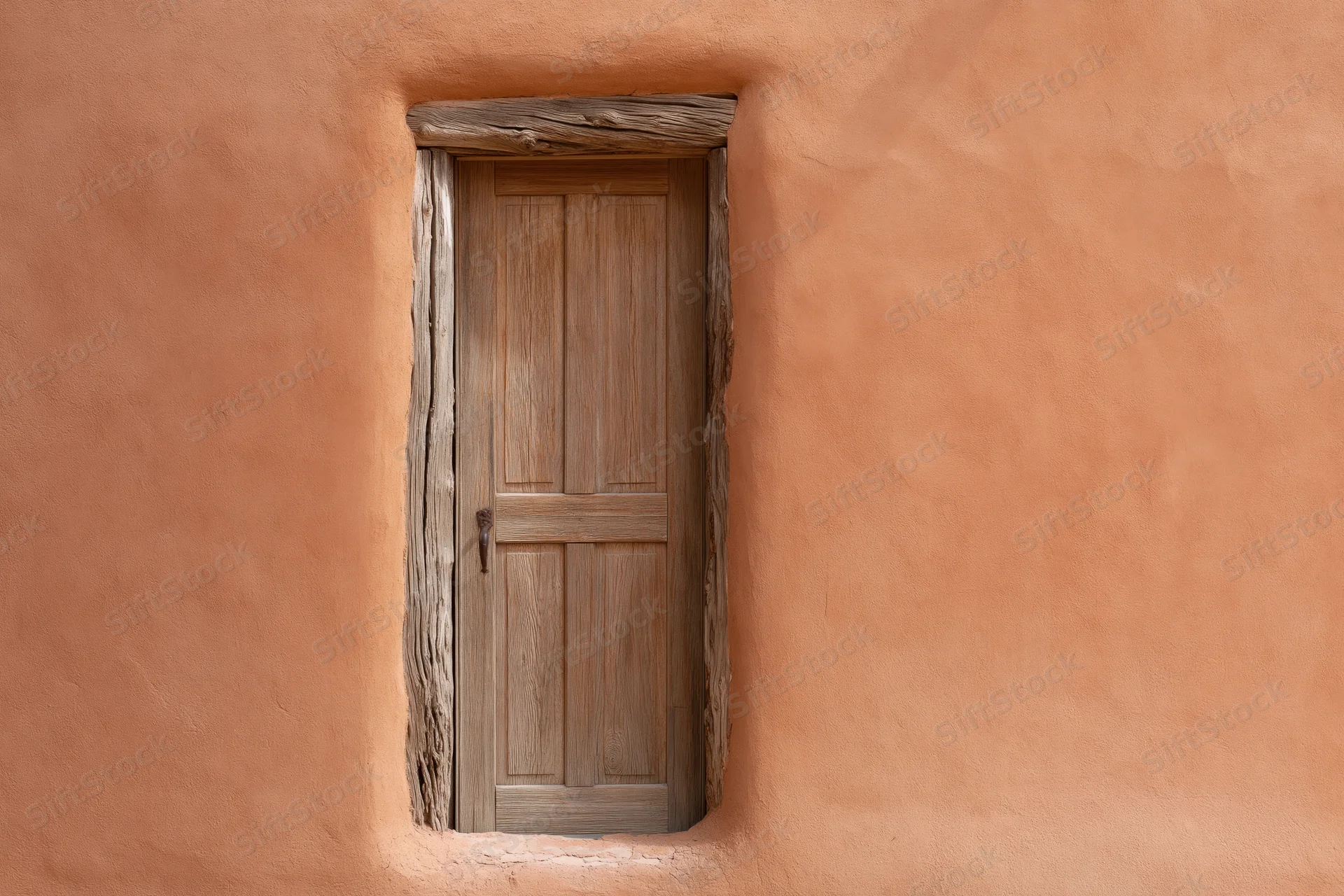 Weathered wooden panel door set into thick adobe wall