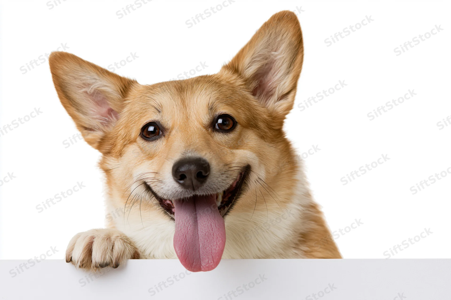 Corgi mix dog peering over white surface with tongue out and paw resting on edge