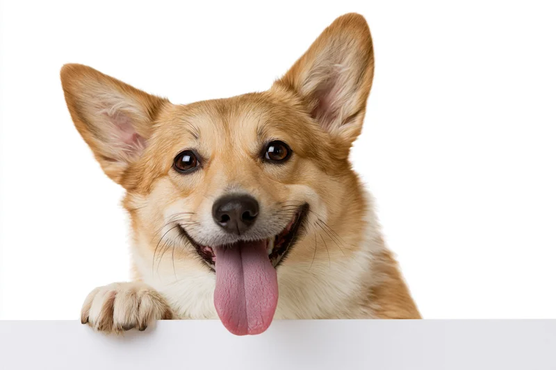 Corgi mix dog peering over white surface with tongue out and paw resting on edge
