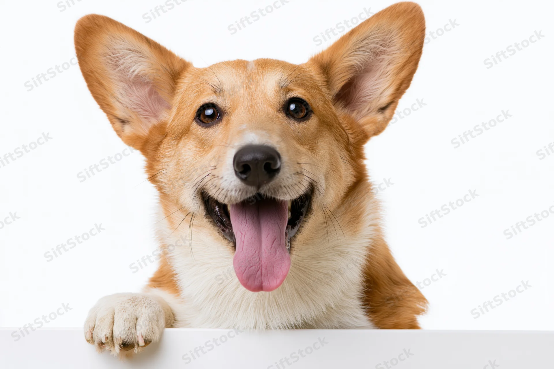 Welsh corgi mix dog peering over white surface with tongue out and front paw resting on edge