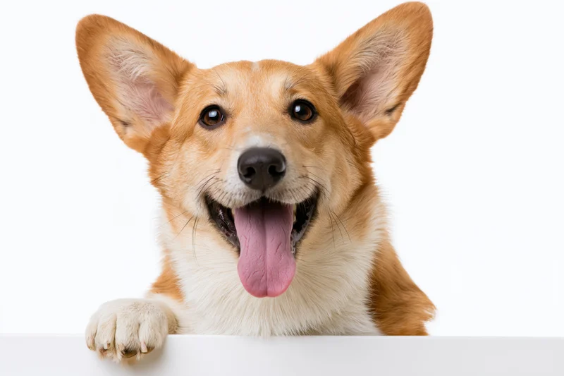 Welsh corgi mix dog peering over white surface with tongue out and front paw resting on edge