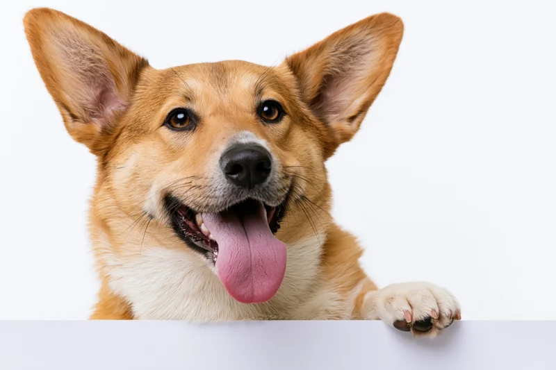 Corgi mix dog peering over white surface with tongue out and paw resting on edge