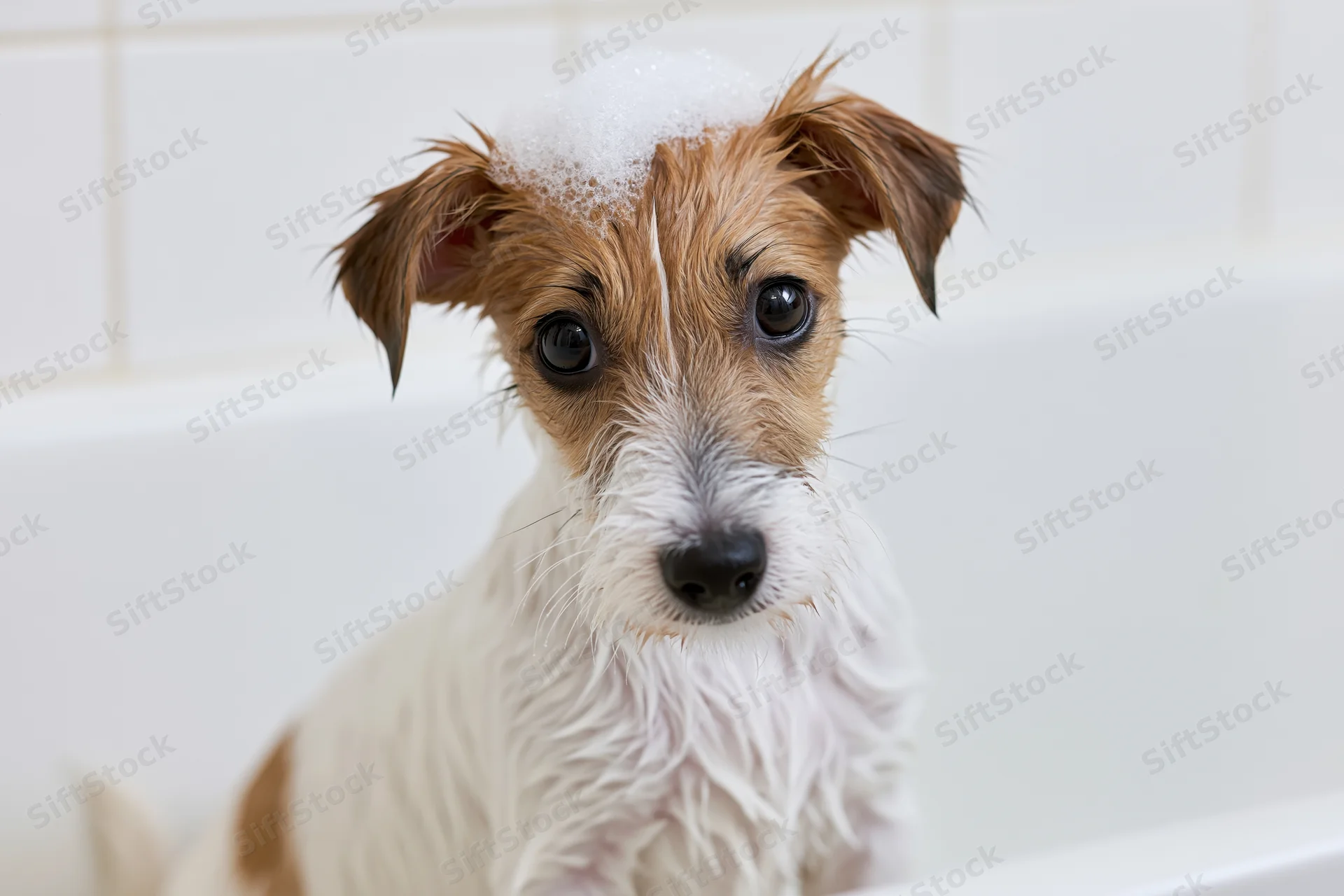 Wet jack russell terrier puppy sitting in white bathtub with soap suds on head