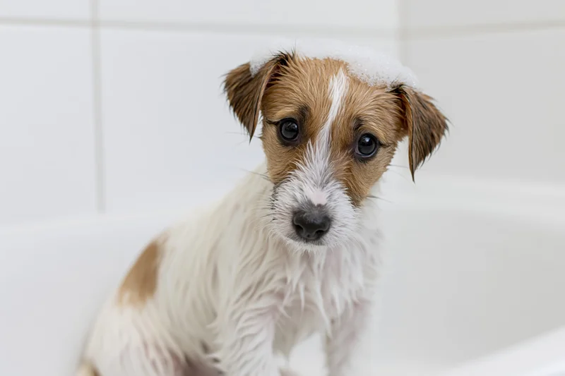 Wet jack russell terrier puppy sitting in white bathtub with foam on head