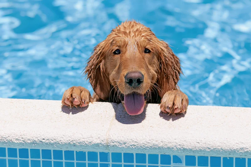 Wet golden retriever dog resting paws on pool edge with tongue out in sunlight