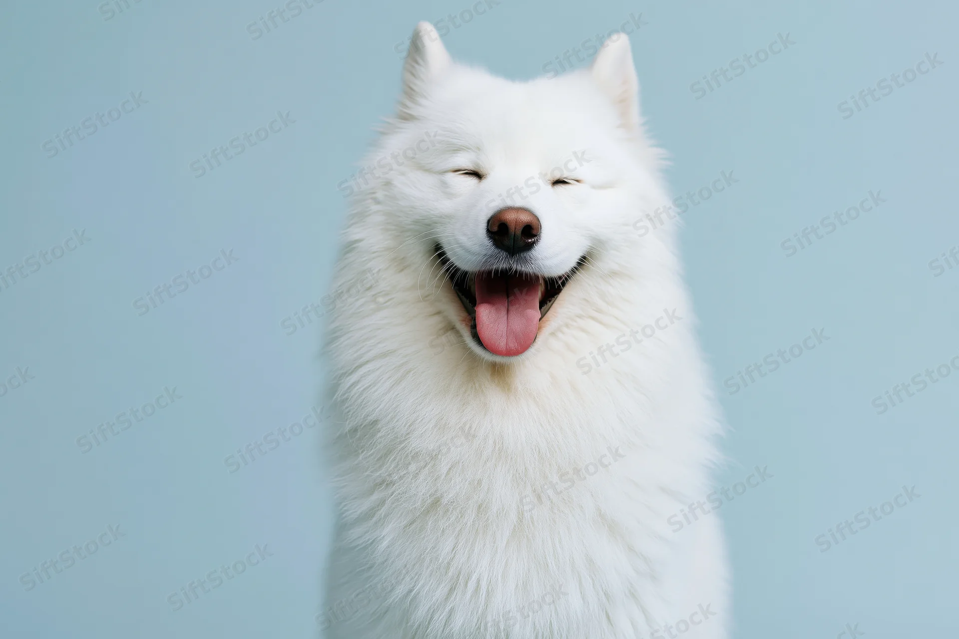 White samoyed dog with open mouth and tongue out against light blue background