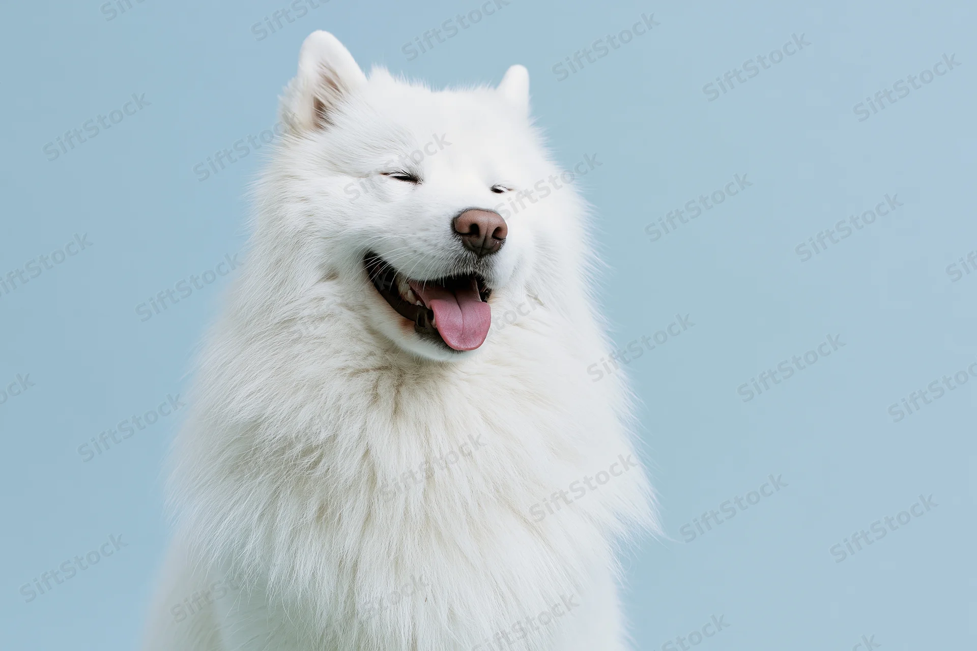 White samoyed dog with open mouth and tongue out against light blue background