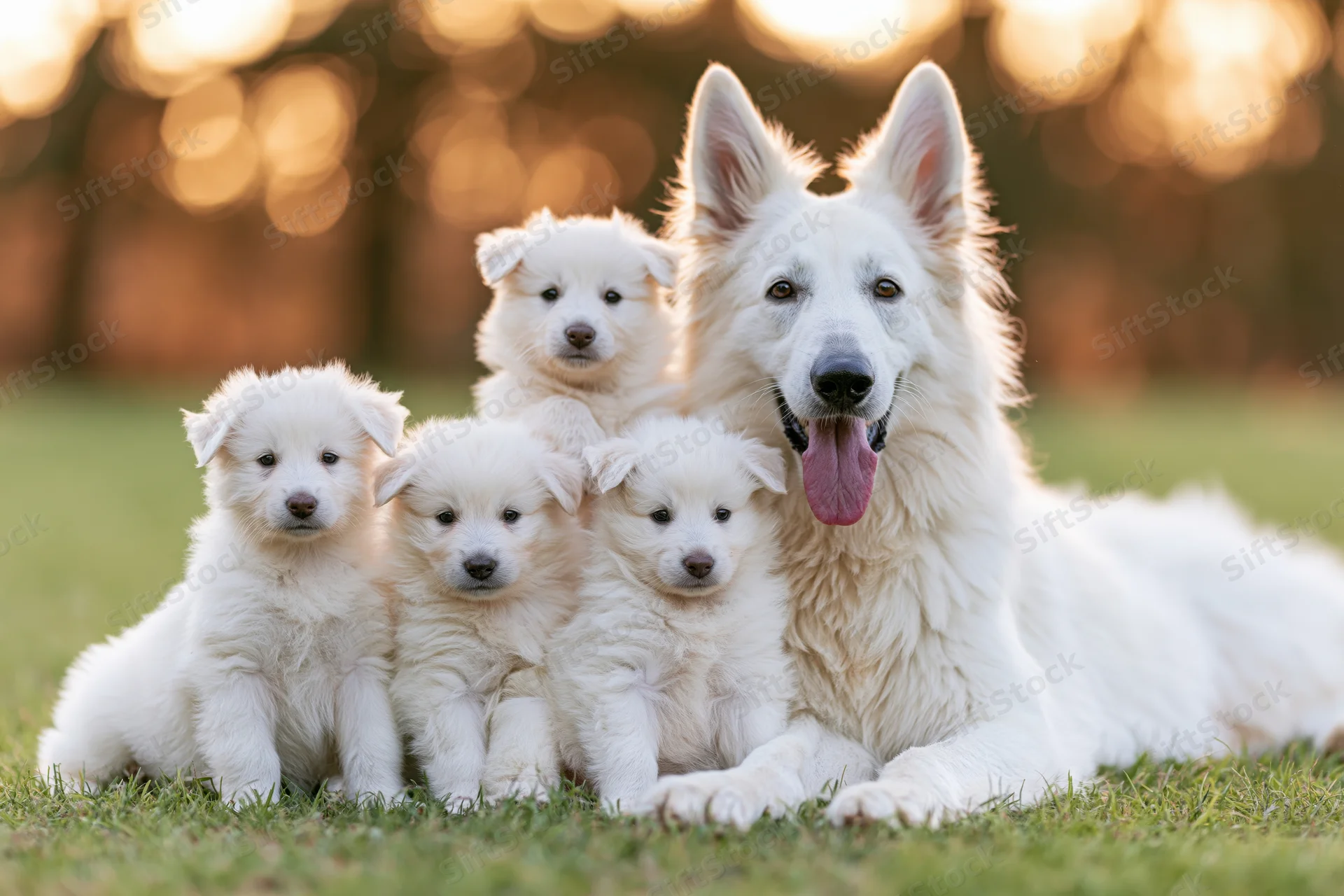 White swiss shepherd dog lying on grass with four puppies around it