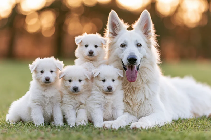 White swiss shepherd dog lying on grass with four puppies around it