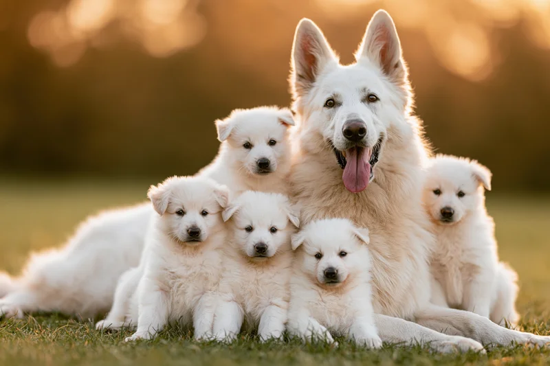 White swiss shepherd dog with five puppies lying on grass at sunset