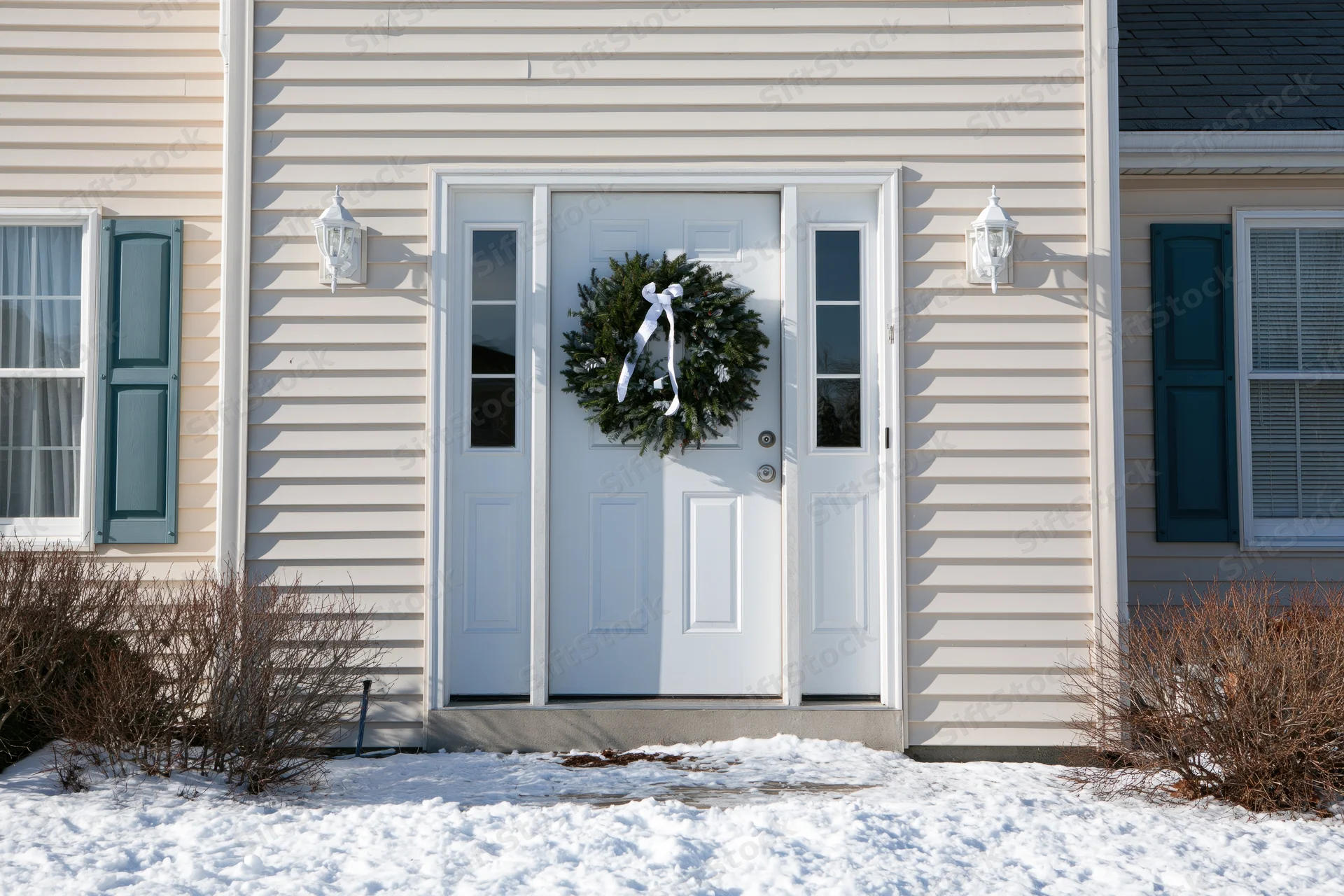 White front door with green christmas wreath and white bow on snowy porch of house with beige siding and blue shutters