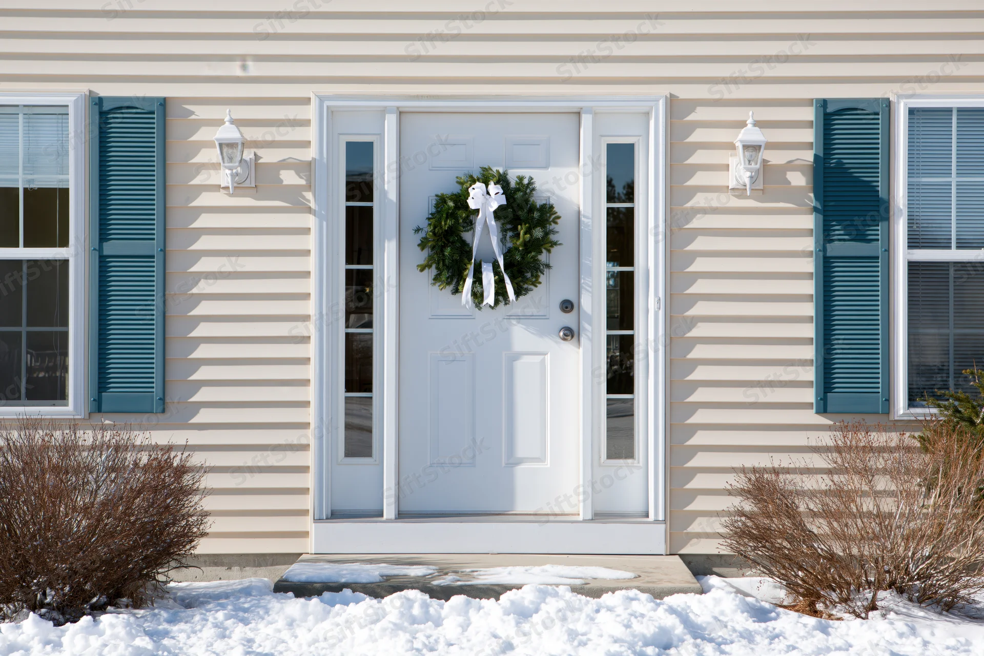 White front door with green christmas wreath on beige house exterior in snowy winter setting