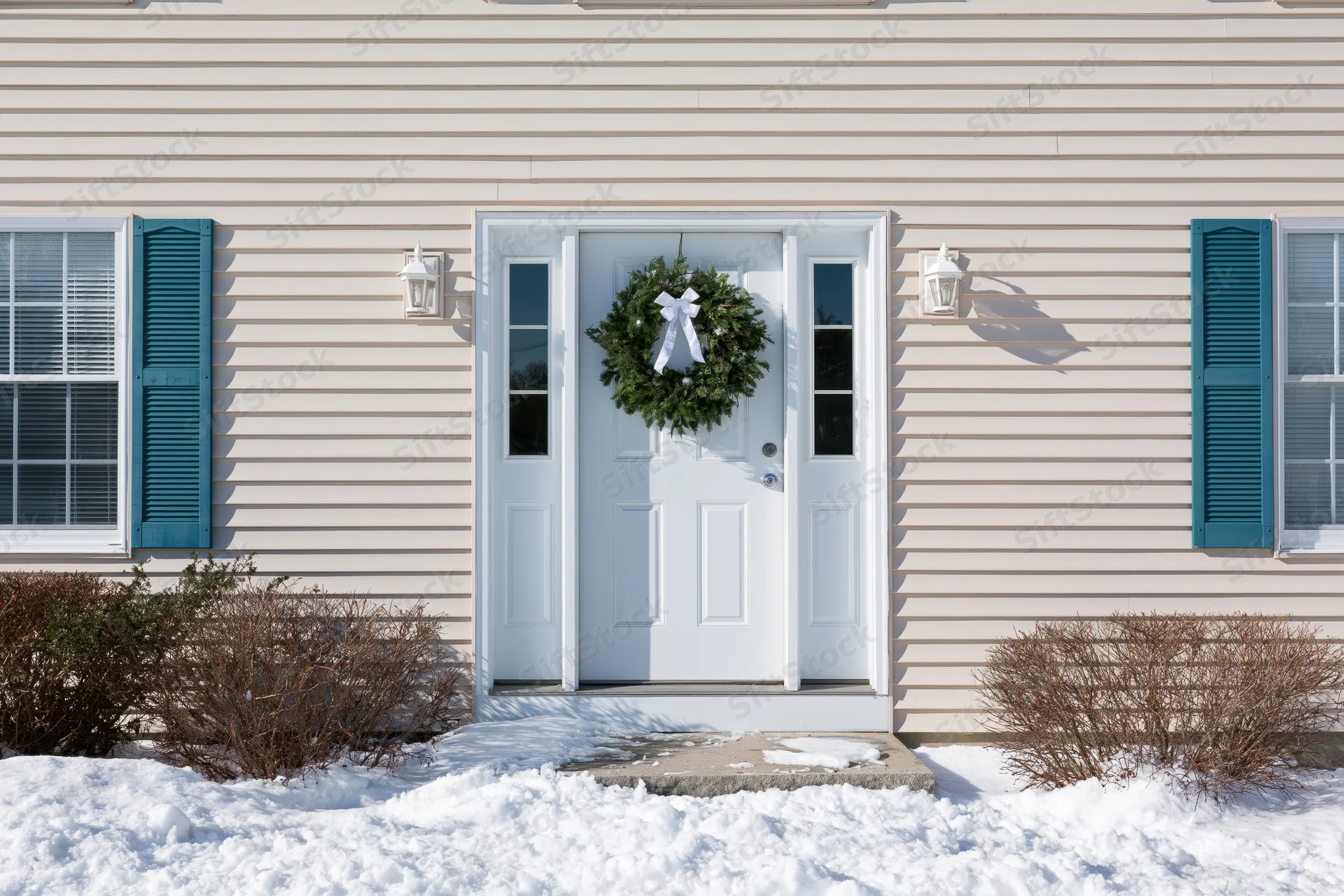 White front door with green christmas wreath on snowy porch of suburban house