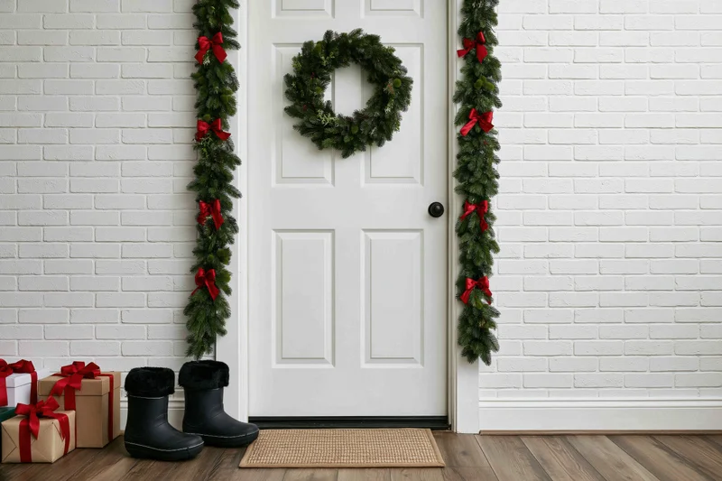 White front door decorated with pine wreath and garlands flanked by gifts and boots on wooden floor
