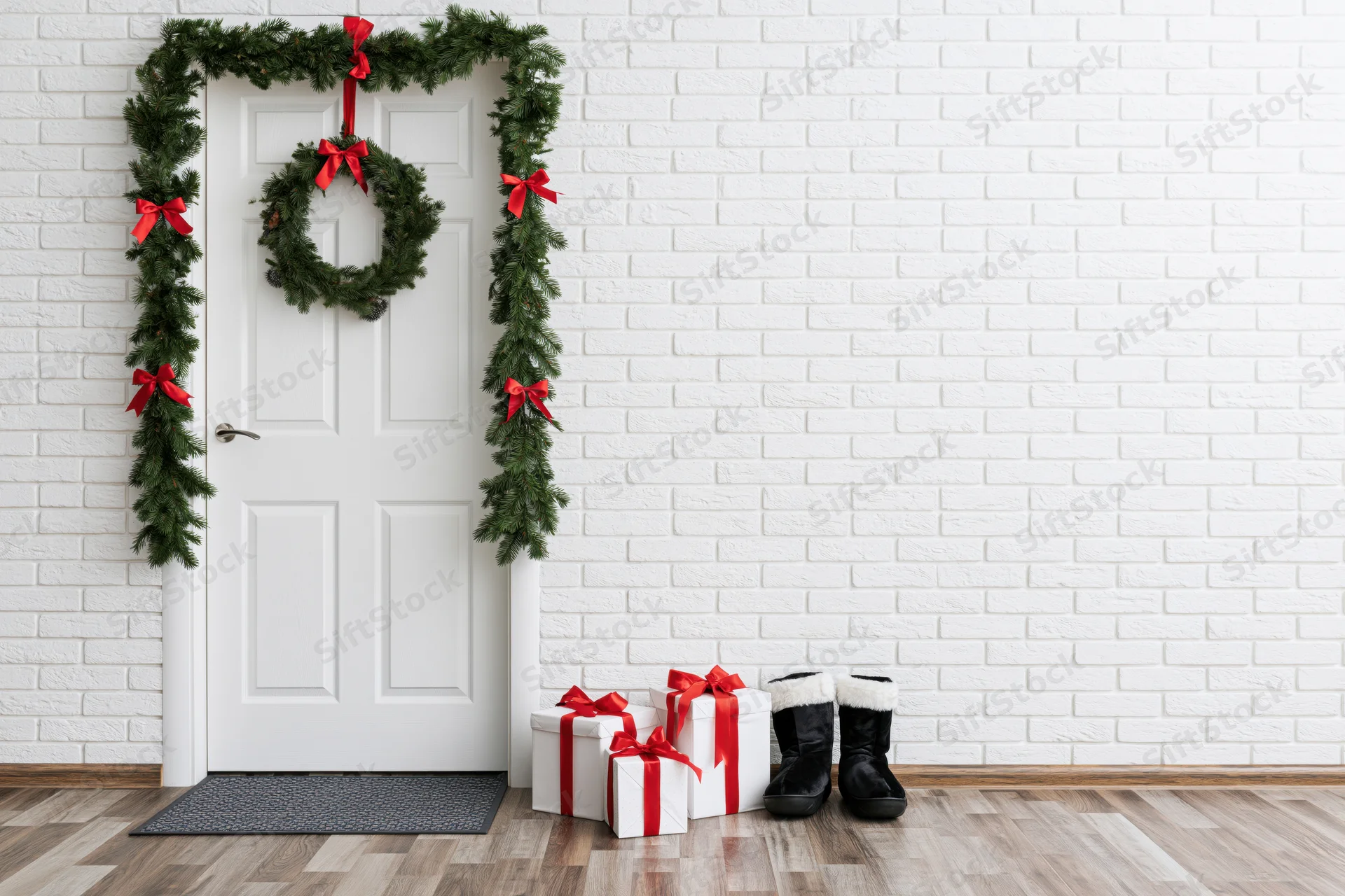 White door decorated with pine garland and wreath, gifts and boots on floor beside it
