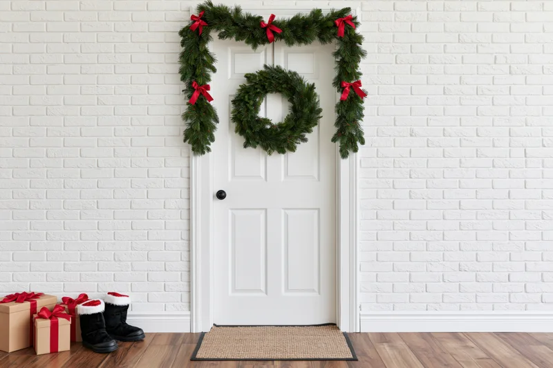 White door decorated with pine garland and wreath, flanked by gifts and boots on wooden floor against white brick wall