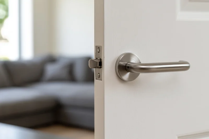 White interior door with metal lever handle partially open revealing modern living room with gray sofa