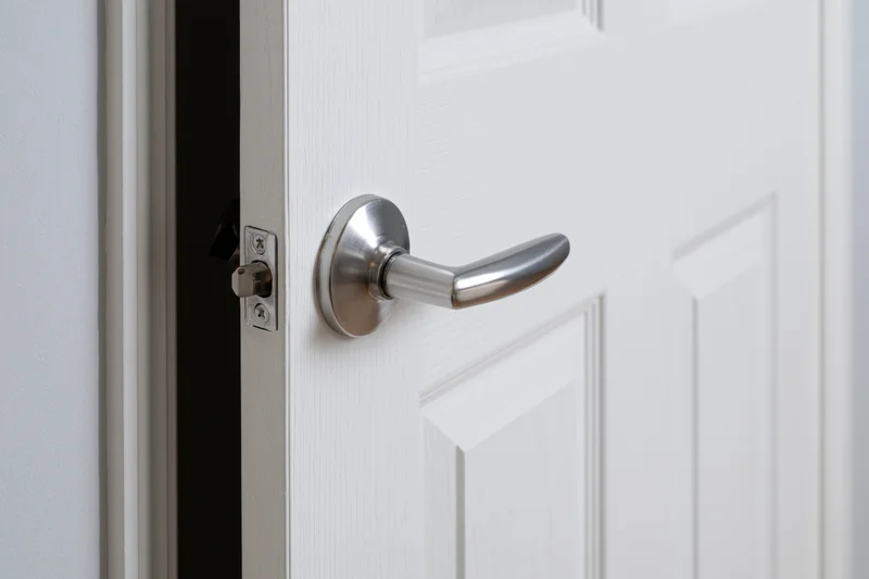 White interior door slightly ajar with silver lever handle and visible dark gap