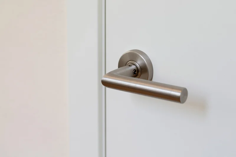 Close-up of a brushed stainless steel lever handle on a white interior door
