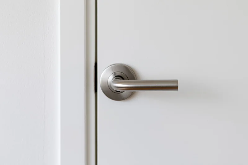 White interior door with brushed stainless steel lever handle