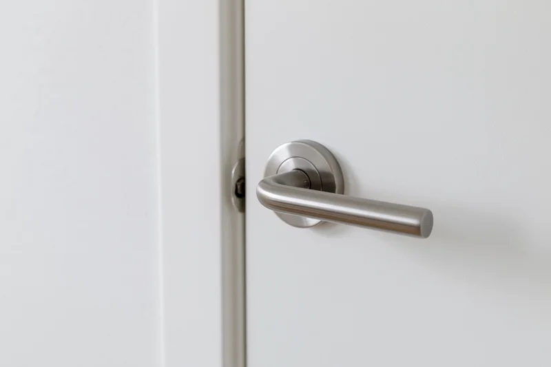 Closeup of a brushed stainless steel lever handle on a white interior door
