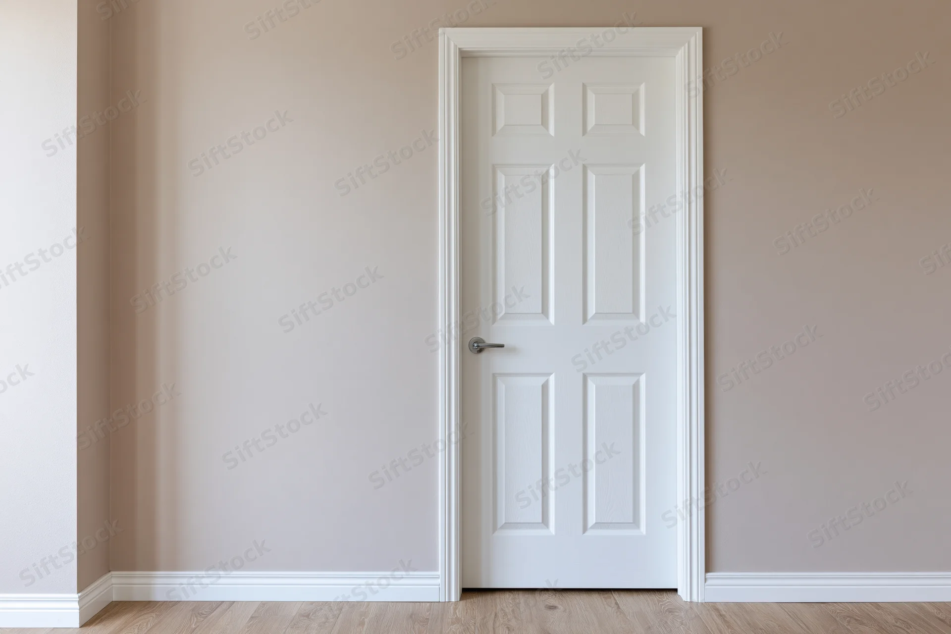 White raised-panel interior door with silver lever handle in a beige-walled hallway