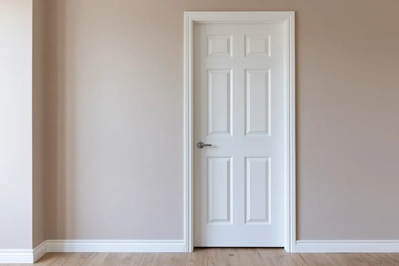 White raised-panel interior door with silver lever handle in a beige-walled hallway