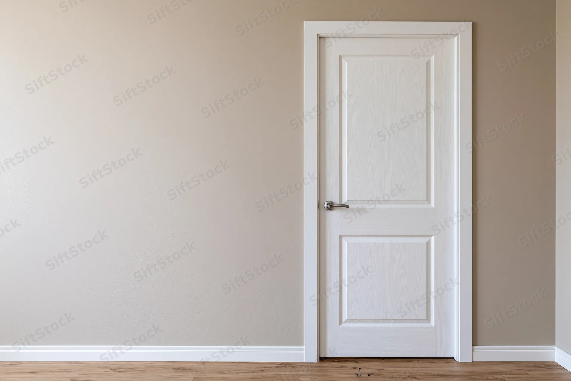 White interior door with raised panel molding and silver lever handle in a beige-walled room with hardwood floor
