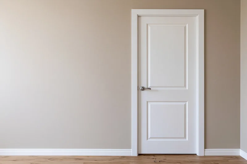 White interior door with raised panel molding and silver lever handle in a beige-walled room with hardwood floor