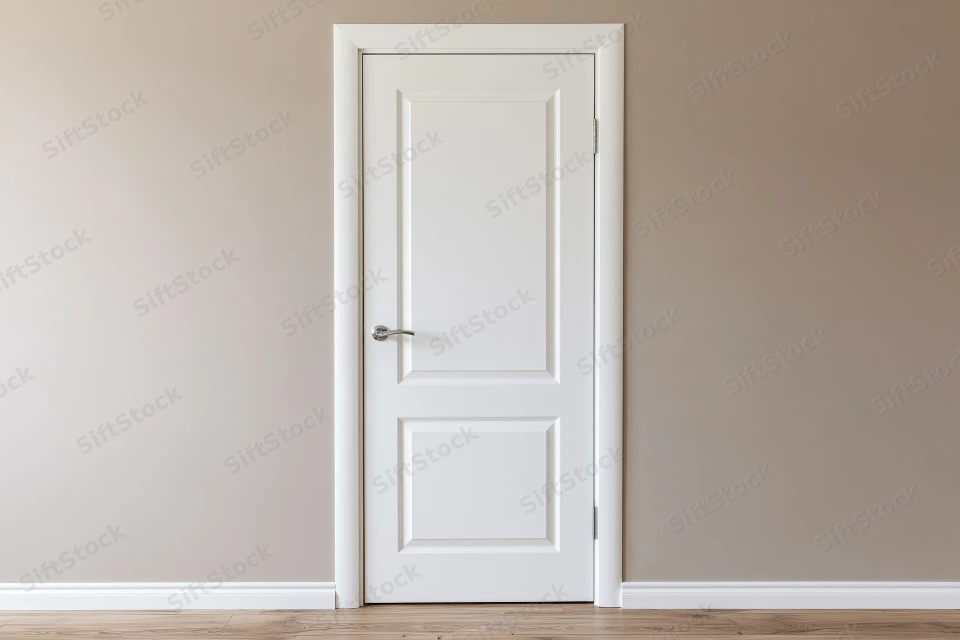 White interior door with raised panel molding and silver lever handle in a beige-walled room