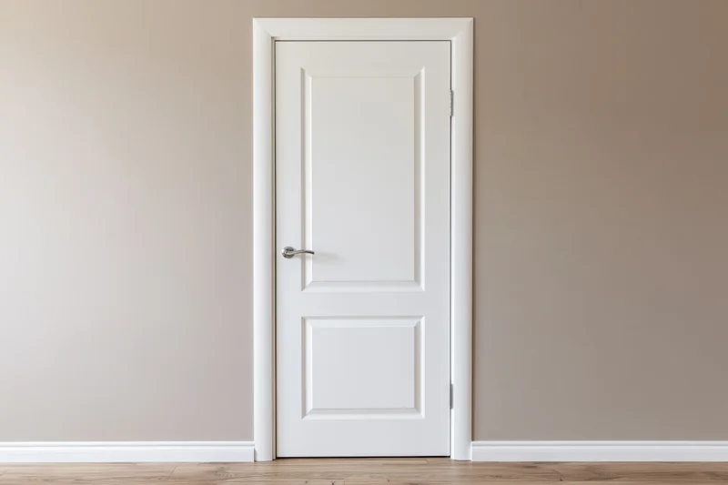 White interior door with raised panel molding and silver lever handle in a beige-walled room