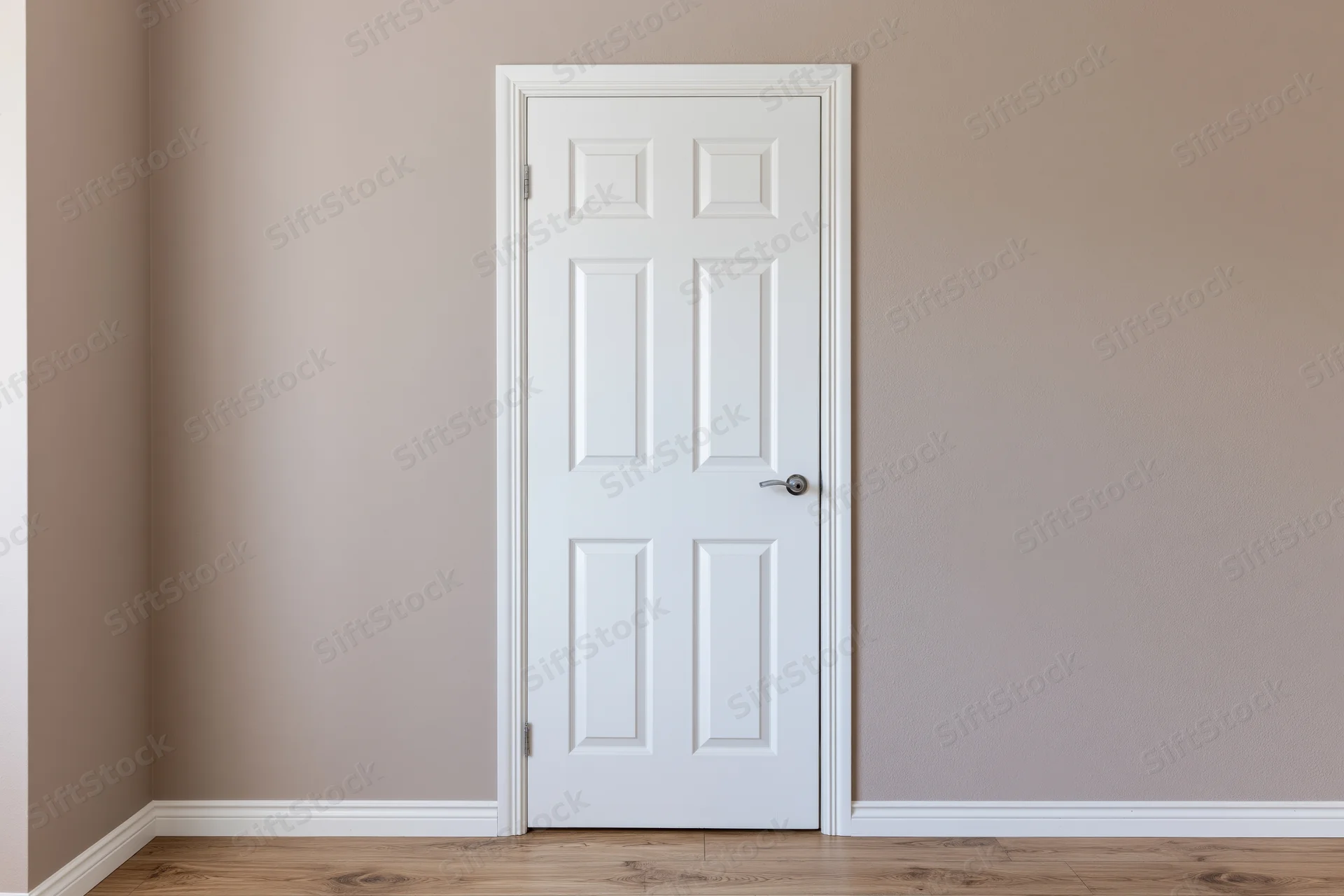White raised-panel interior door with silver lever handle in a beige-walled room with wood flooring