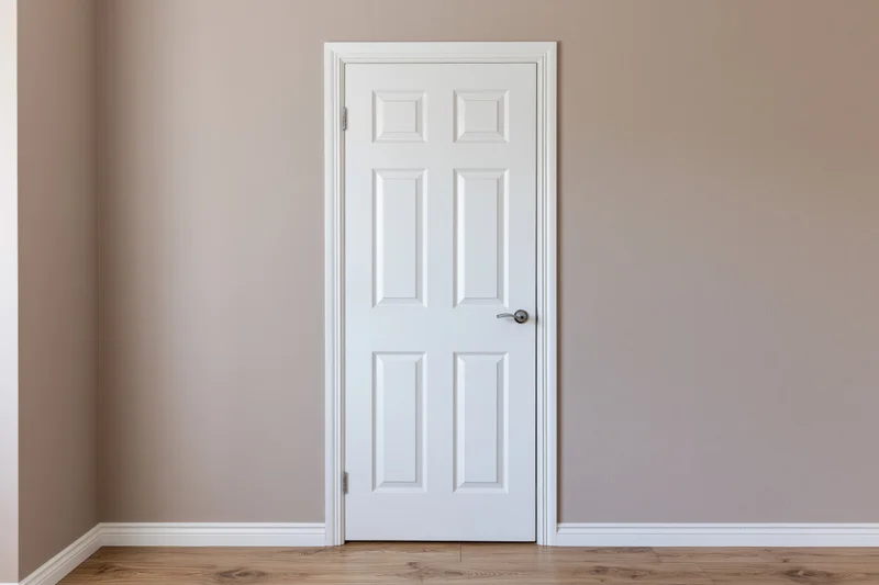 White interior door with raised panel molding and silver lever