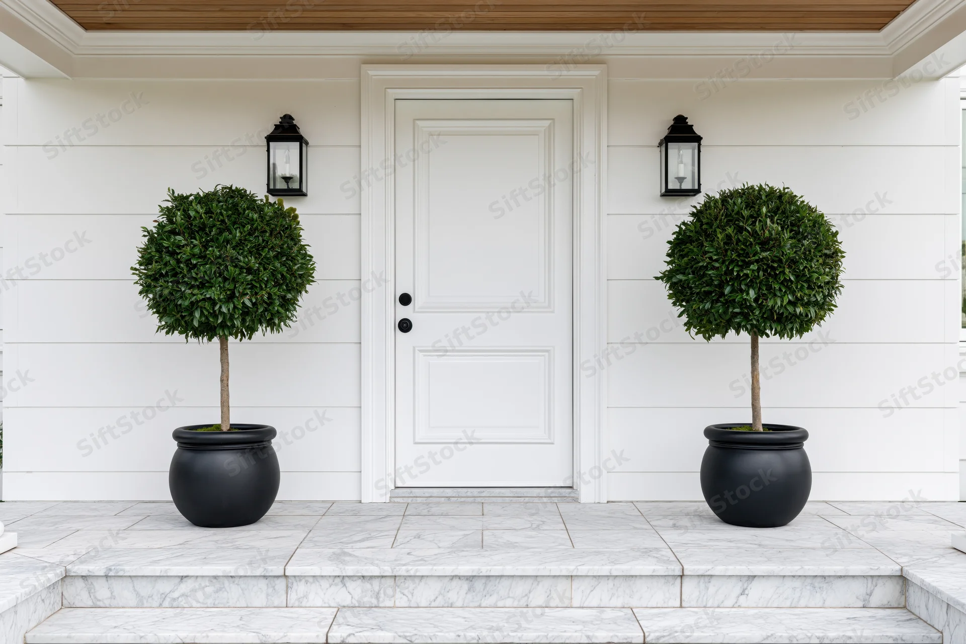White front door with panel molding flanked by two topiary plants in black pots on a marble porch