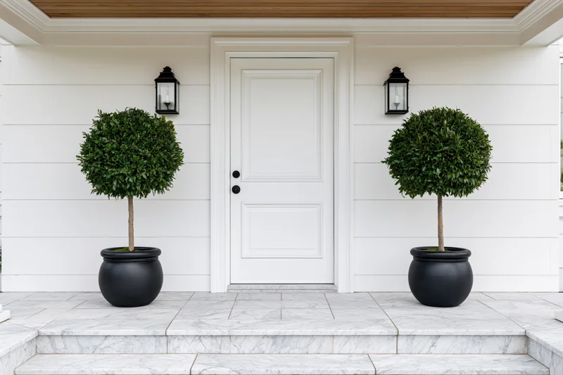 White front door with panel molding flanked by two topiary plants in black pots on a marble porch