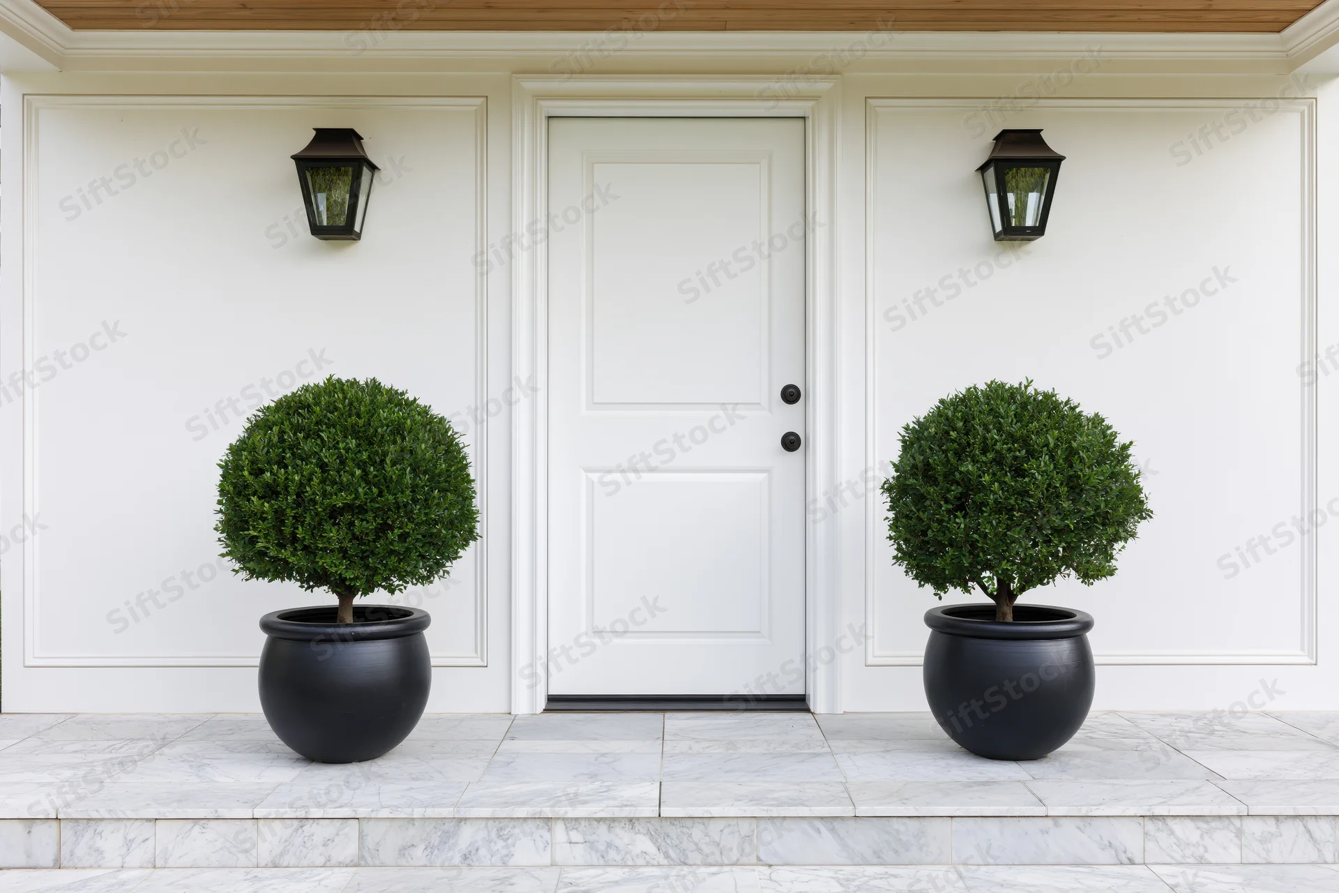 White front door with panel molding flanked by two black pots containing round green topiary plants on a marble porch