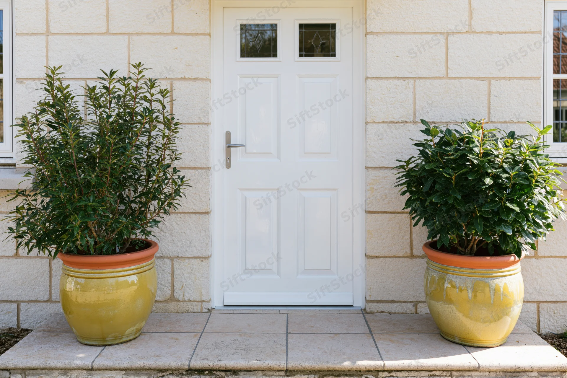 White paneled front door with decorative glass inserts flanked by potted shrubs on stone steps