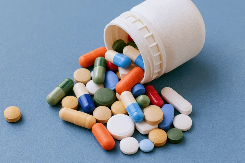 Spilled pills and capsules from a white plastic bottle on blue surface