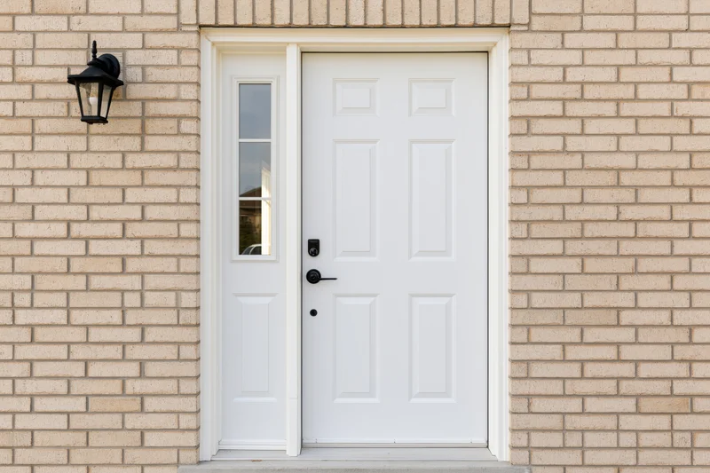 White six-panel front door with sidelite window set in beige brick exterior of a house