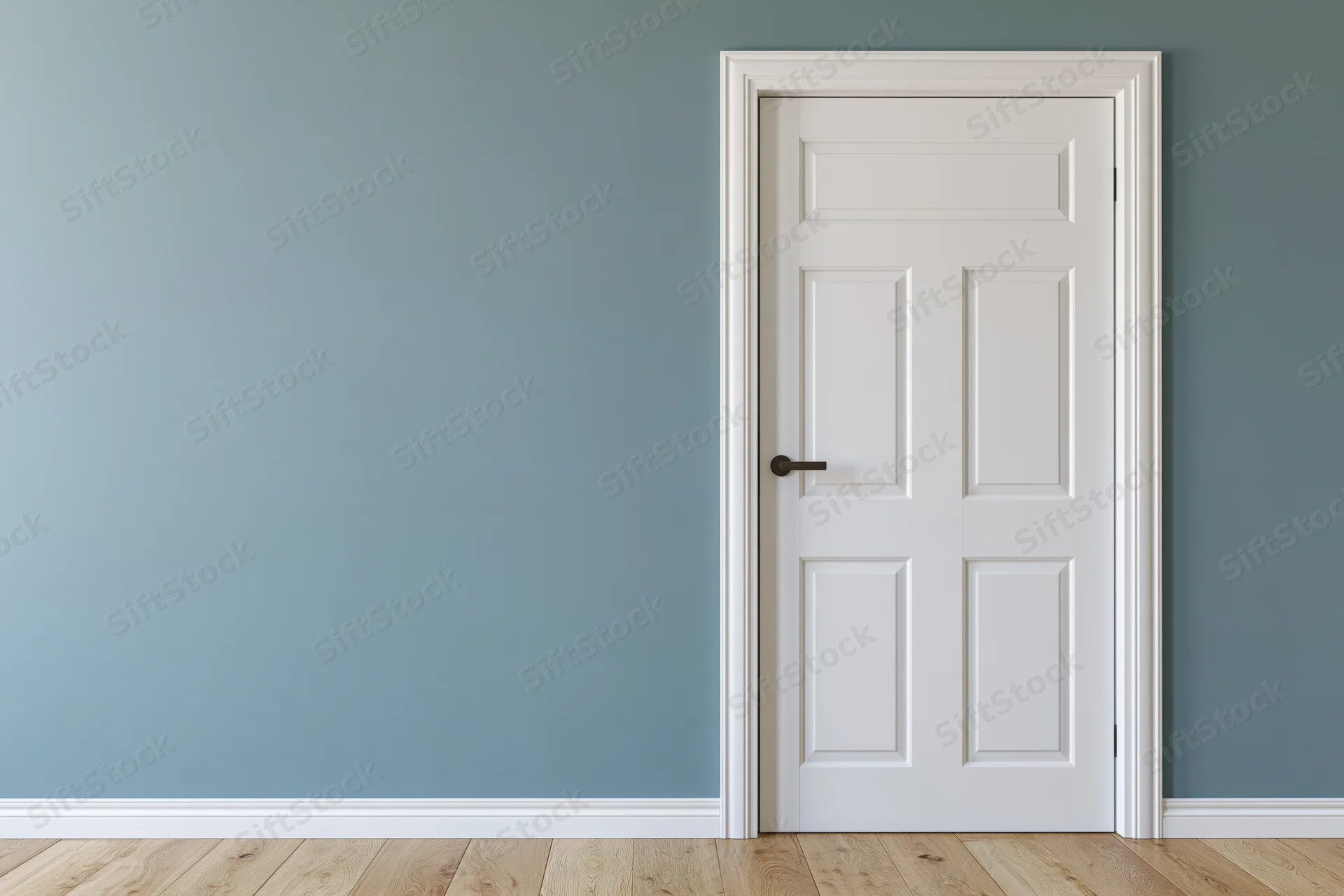 White panel door with dark lever handle closed against blue wall in empty room
