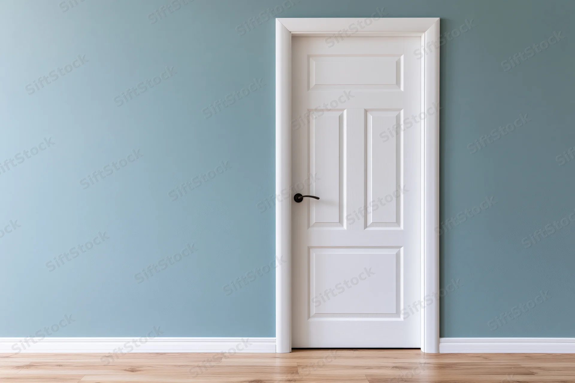 White three-panel interior door with dark lever handle closed in a blue-walled room with wooden floor
