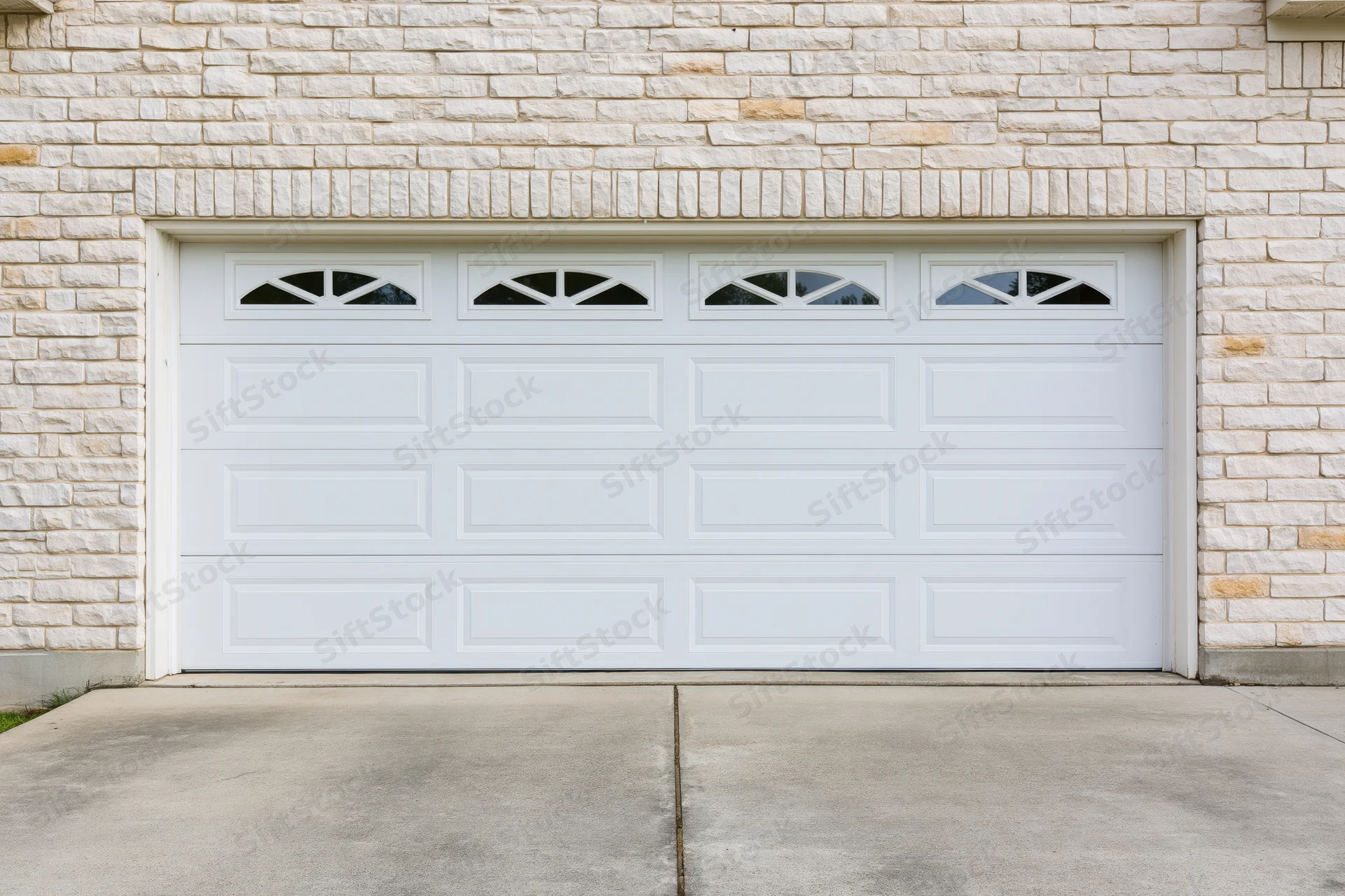 White two-car garage door with raised panels on a stone-clad house exterior