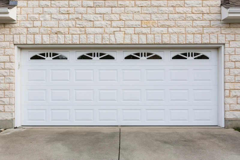White two-car garage door with raised panels and arched windows on a stone house exterior