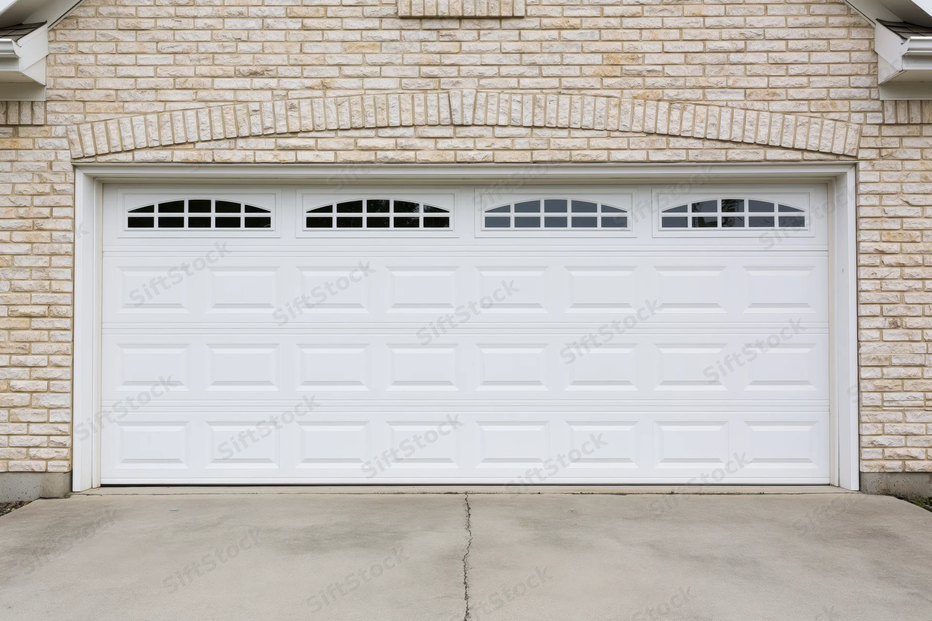 White two-car garage door with raised panels and transom windows on a brick house exterior
