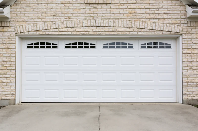 White two-car garage door with raised panels and transom windows on a brick house exterior