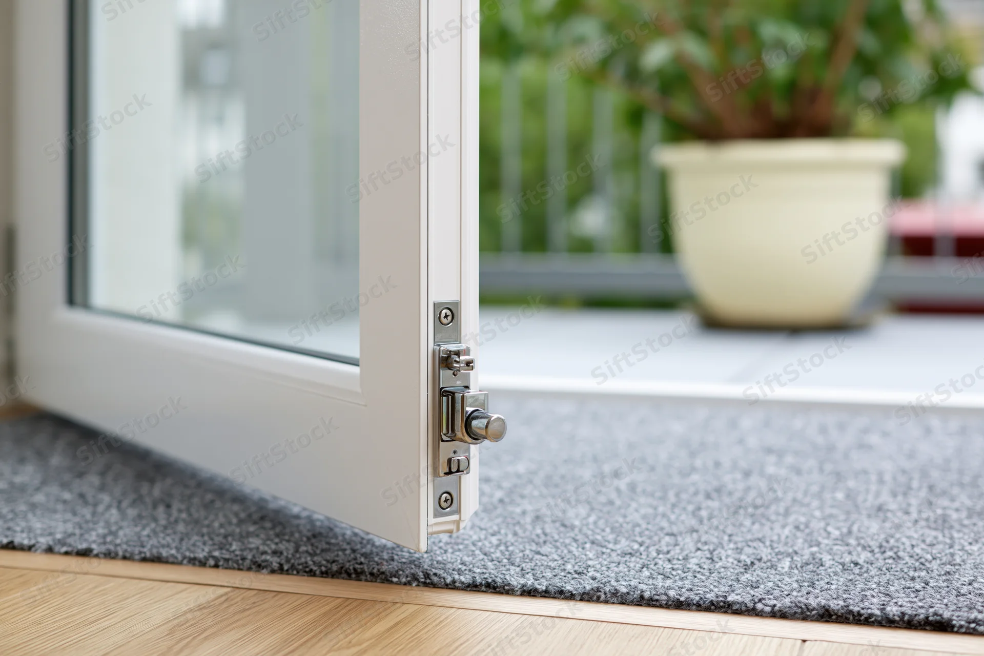 White uPVC double-glazed door slightly open at threshold with gray rug and balcony view