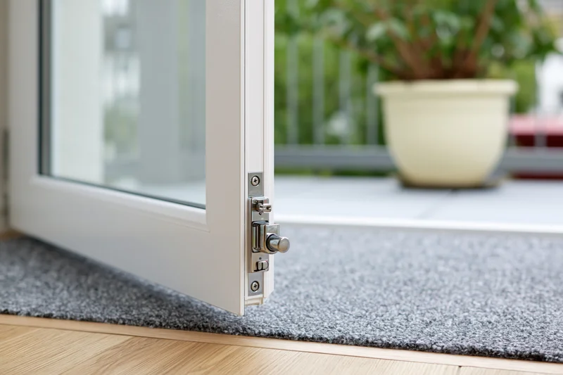 White uPVC double-glazed door slightly open at threshold with gray rug and balcony view