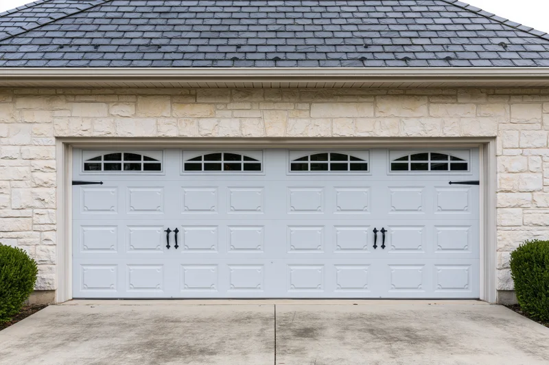 White double garage door with decorative windows and black handles on a stone house exterior