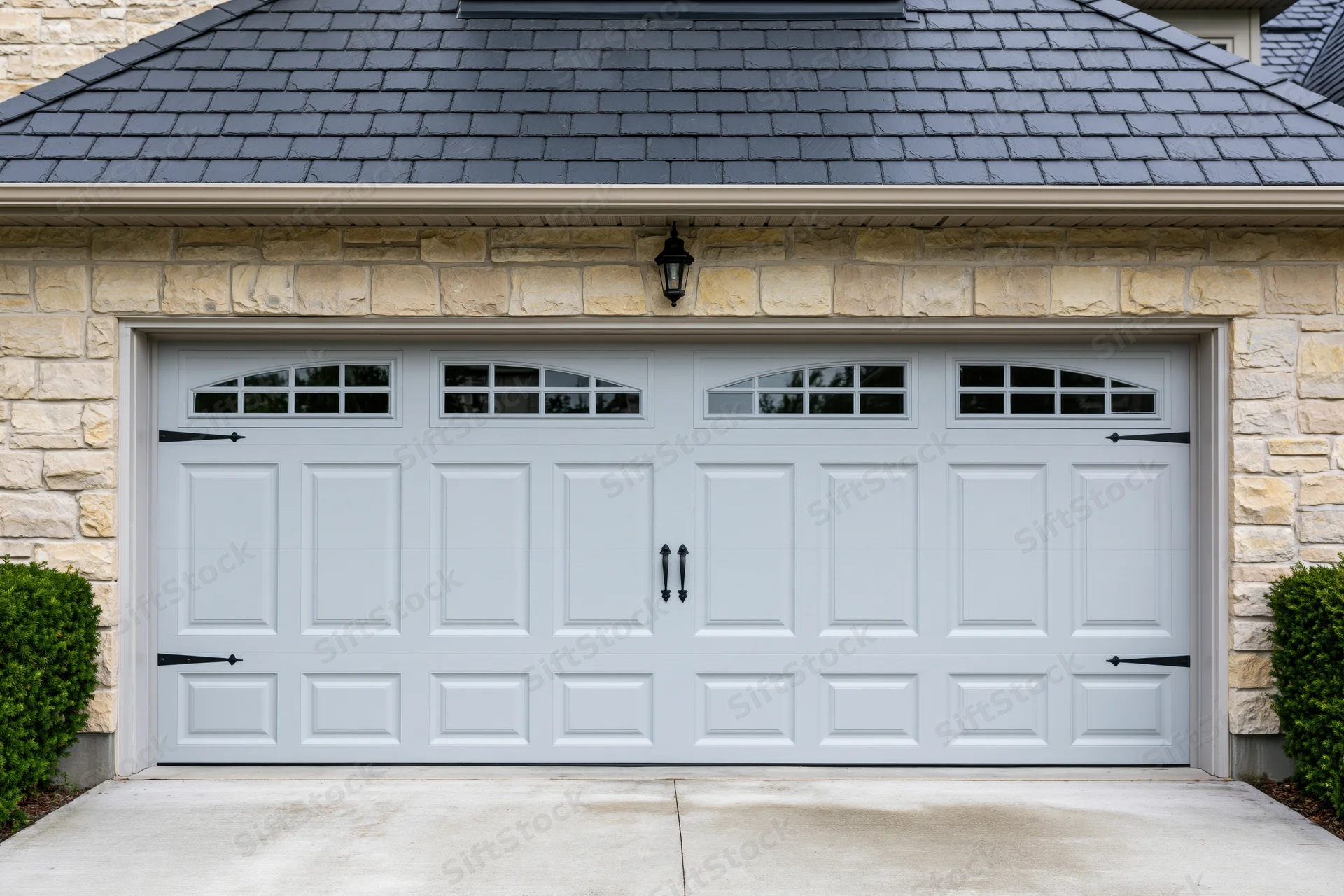 Double light grey garage door with decorative windows and black hardware on stone house exterior