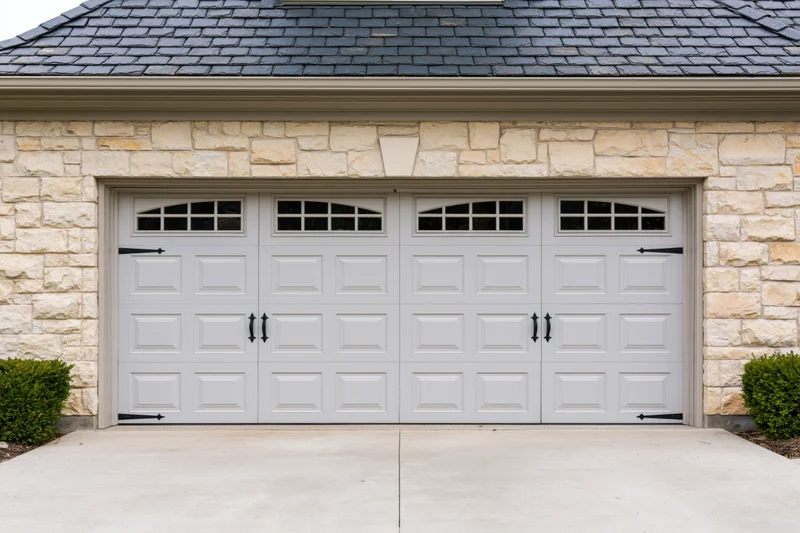 Double white garage door with decorative windows and stone facade on residential house exterior